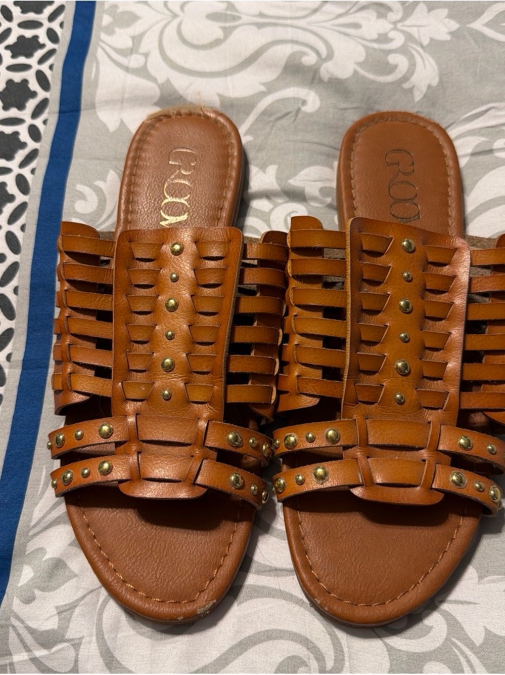 groove Tan Braided Slide Sandals with Stud Accents